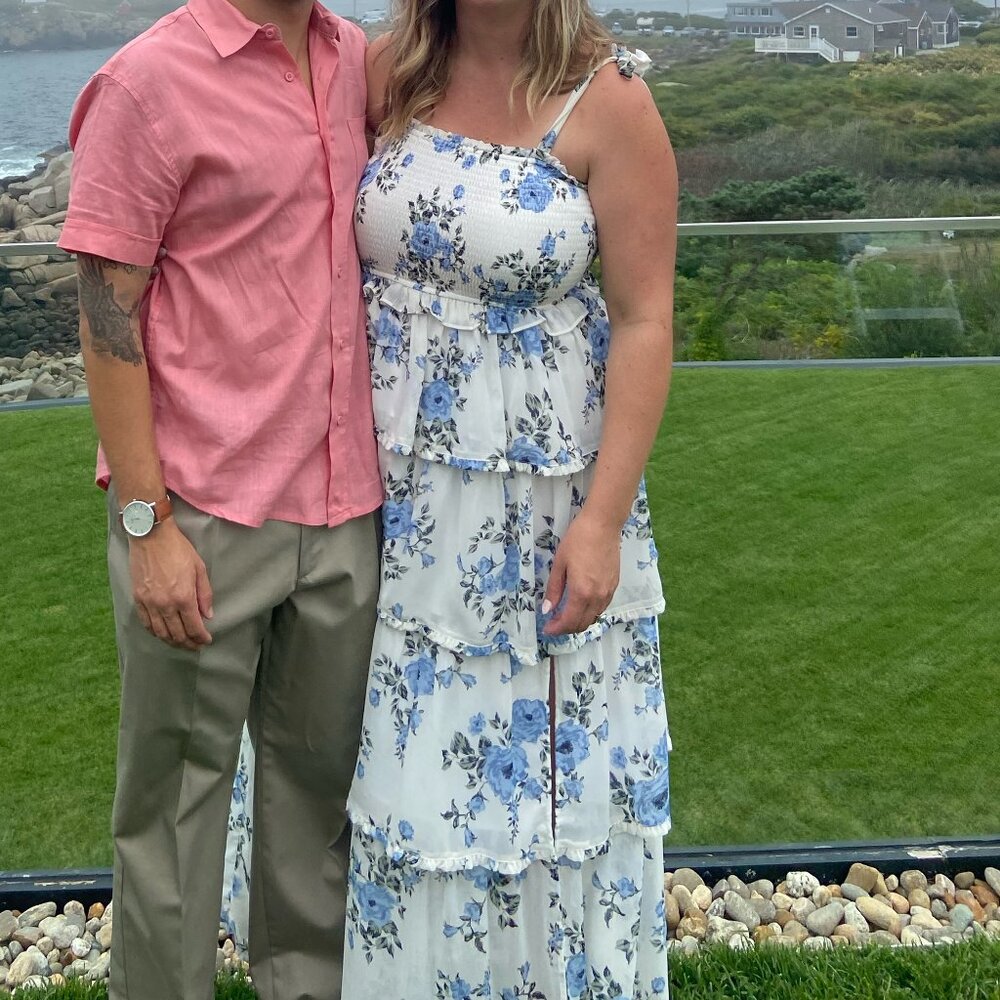 Blue & White Tie-Strap Tiered Ruffle Dress